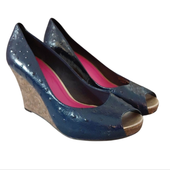Lilly Pulitzer Wedges Blue Ostrich Embossed Leather Wedge Size 8.5 M - Picture 7 of 11